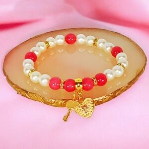 Pearl & Pink Rhodochrosite Bracelet with Heart Lock & Key Charms Coquette Girl